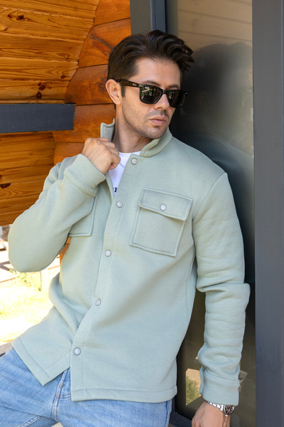 FRANCO RENZO Ice Green 3 Thread Raised Detail Double-Capped Pocket Shirt with...