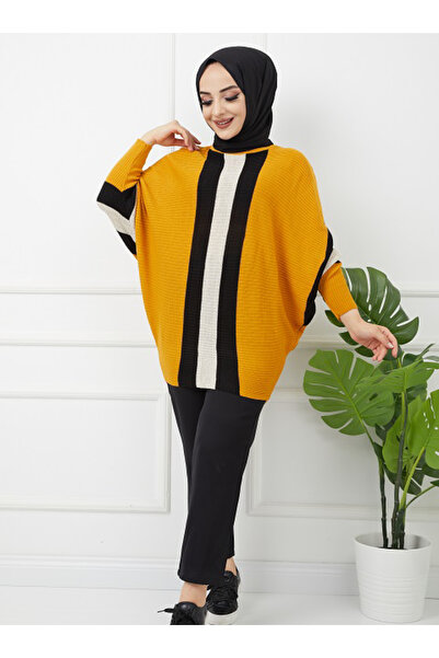 SAHRA BUTİK Mustard Colored Striped Bat Knitwear Tunic - Sahra Butik