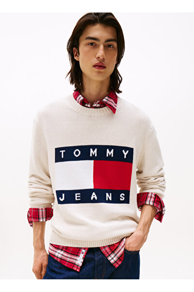Tommy Jeans % 100 Pamuk Regular Fit Bisiklet Yaka Logolu Kazak Erkek KAZAK DM0DM22105 AFN