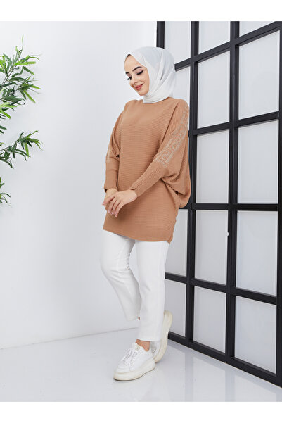 SAHRA BUTİK Μπεζ Bat Sleeve Stone Knitwear Tunic - SAHRA BUTIK