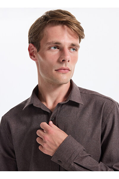 Fabrika Slim Fit Gömlek Yaka Düz Kahve Erkek Gömlek F5WM-GML 2574