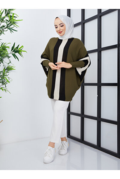 SAHRA BUTİK Χακί ριγέ πλεκτό τουνίκ νυχτερίδας μπροστά - SAHRA BUTİK