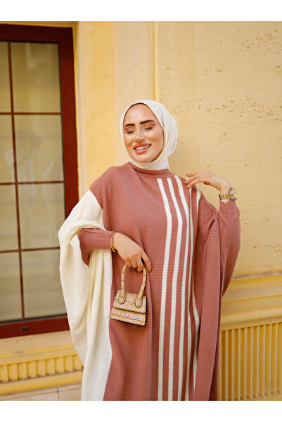 SAHRA BUTİK Dusty Rose Side ριγέ πλεκτό φόρεμα Hijab - Sahra Boutique