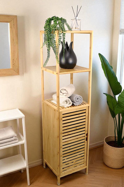 Digithome Bambu Tek Kapaklı 3 Raflı Çok Amaçlı Banyo Düzenleyici Organizer Dik Dolap DB-0037