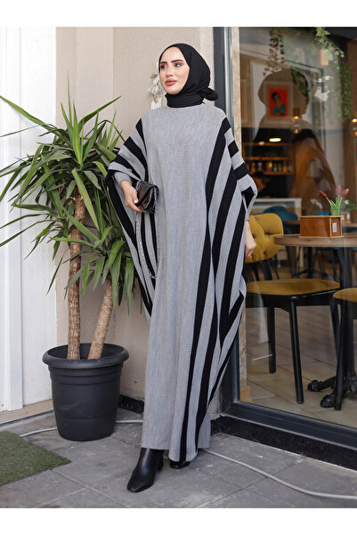 SAHRA BUTİK Γκρι ριγέ πλεκτό φόρεμα νυχτερίδας - Sahra Boutique