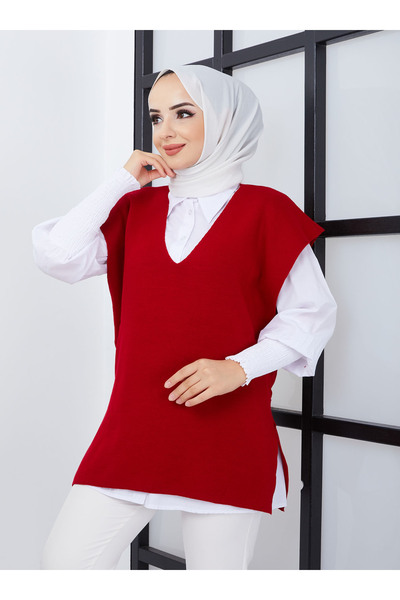SAHRA BUTİK Red V-Neck Knitwear Sweater - Sahra Butik