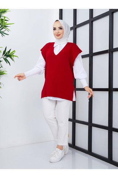 SAHRA BUTİK Red V-Neck Knitwear Sweater - Sahra Butik
