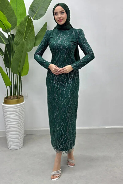 Tesettür Diyarı Rochie de Seara Hijab Smarald - Brodata pentru Dama