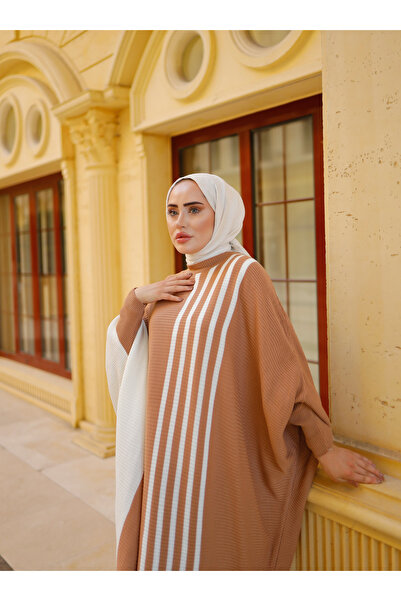 SAHRA BUTİK Ριγέ Πλεκτό Φόρεμα Hijab με νυχτερίδα - Μπισκότο - Μπουτίκ γηπέδου