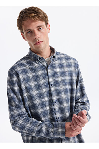 Fabrika Regular Fit Düğmeli Yaka Ekose Lacivert Erkek Gömlek CM RYAND 8.