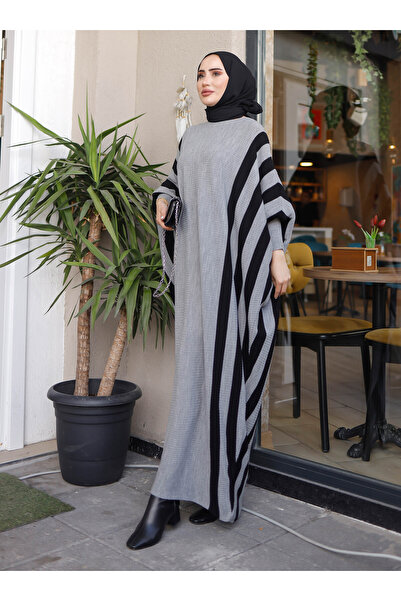 SAHRA BUTİK Γκρι ριγέ πλεκτό φόρεμα νυχτερίδας - Sahra Boutique