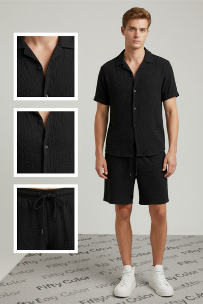 Fifty Color Alaçatı Style, Men'S, Wrinkle, Crinkle Fabric, Summer Lycra Shirt, and Shorts Jogger Set, Combination