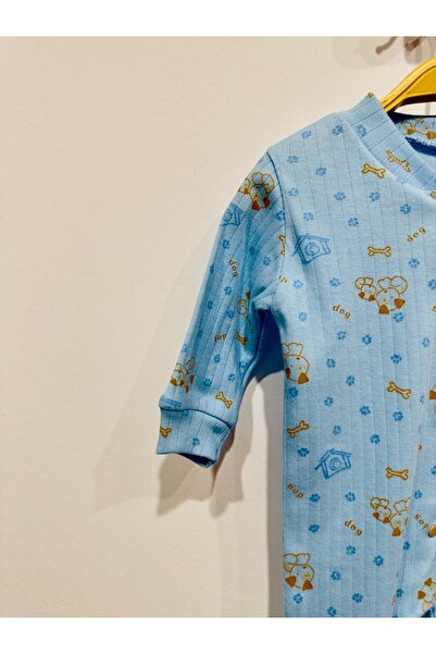 Vivolas Baby Romper with Booties and Snap Fasteners, Blue Dog Pattern (0-3 Months)