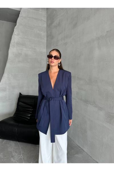 My Blog سترة أنيقة باللون الأزرق الداكن مع حزام - 7308