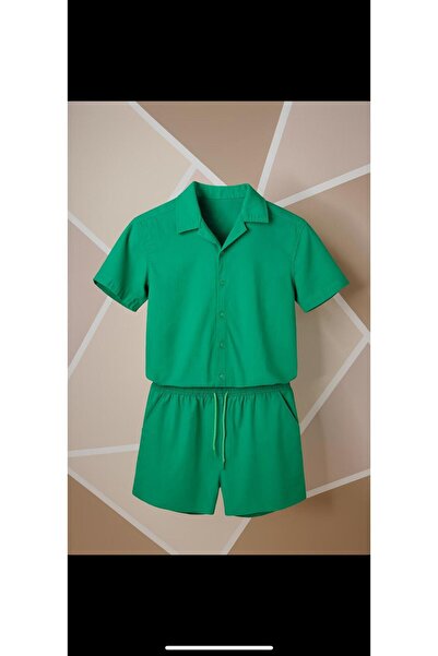 MCZ GİYİM Keten Men's Short Sleeve Slim Fit Shirt Collar Green Cotton Shirt and Pipe Leg Shorts Bottom Top Set