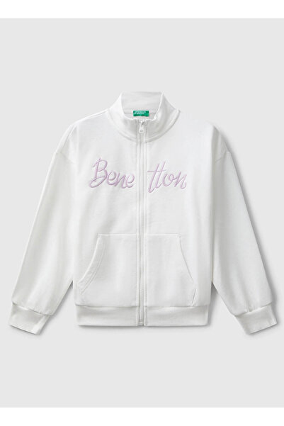 Benetton Κεντημένο κοριτσίστικο φούτερ εκρού 3J68C505D