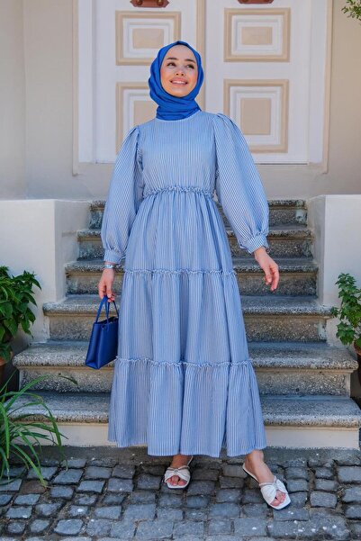 HARMONY GLOBAL Indigo Blue Sue ριγέ φόρεμα με πλισέ Seersucker Muslin ύφασμα ...