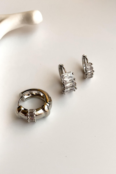 Radino Collection Women's Silver Color Baguette Stone 3-Piece Hoop Steel Earring Set – Tarnish-Free Stainless