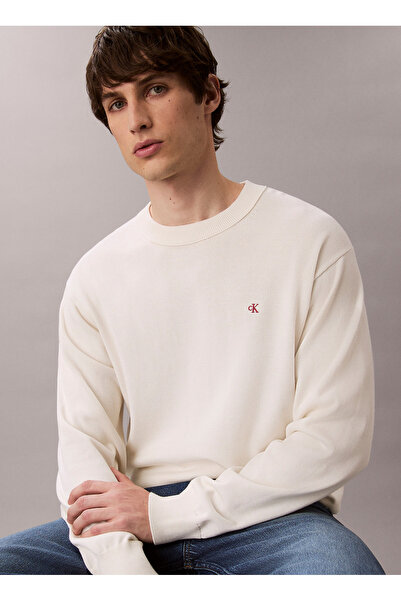 Calvin Klein Jeans Bisiklet Yaka Classic Fit Düz Kırık Beyaz Erkek Kazak LV04RC309GYAS LS EZ COTTON