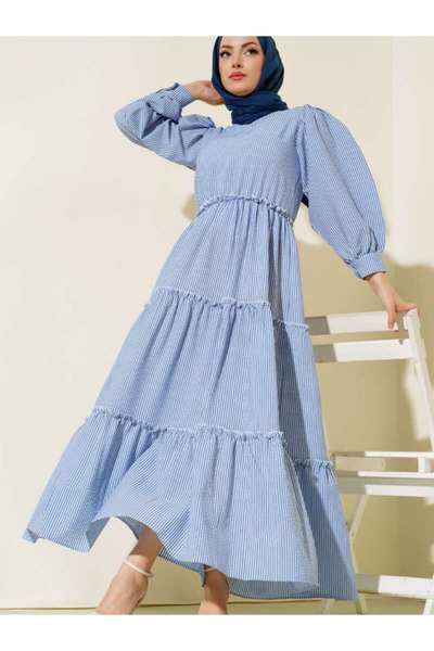 HARMONY GLOBAL Indigo Blue Sue ριγέ φόρεμα με πλισέ Seersucker Muslin ύφασμα Hijab 3025