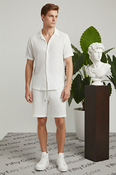 Fifty Color Alaçatı Style, Men'S, Wrinkle, Crinkle Fabric, Summer Lycra Shirt, and Shorts Jogger Set, Combination