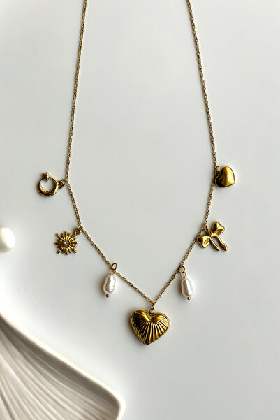 Radino Collection Deniz Kabuğu ve Kalpli Gold Çelik Kolye