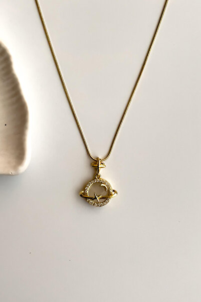 Radino Collection قلادة من الفولاذ باللون الذهبي مع سلسلة إيطالية وحجر الزركون