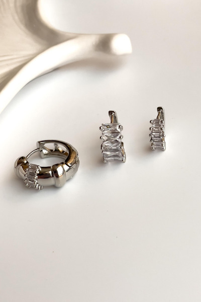 Radino Collection Women's Silver Color Baguette Stone 3-Piece Hoop Steel Earring Set – Tarnish-Free Stainless