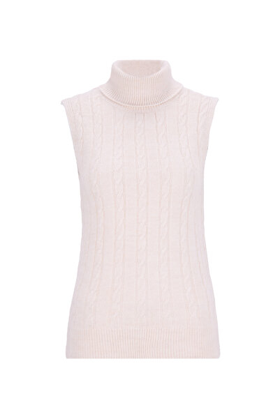 Fabrika Balıkçı Yaka Dar Saç Örgü Desenli Ekru Kazak Kadın F5WL-KZK0258