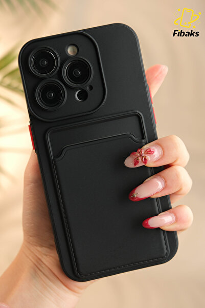Fibaks İphone 15 Pro | Uyumlu Kılıf Kamera Korumalı Kartlıklı Cüzdanlı Kırmızı Tuşlu Siyah Silikon | Kapak