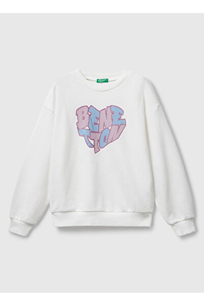 Benetton Baskılı Kız Çocuk Ekru Sweatshırt 3J68C10Q0