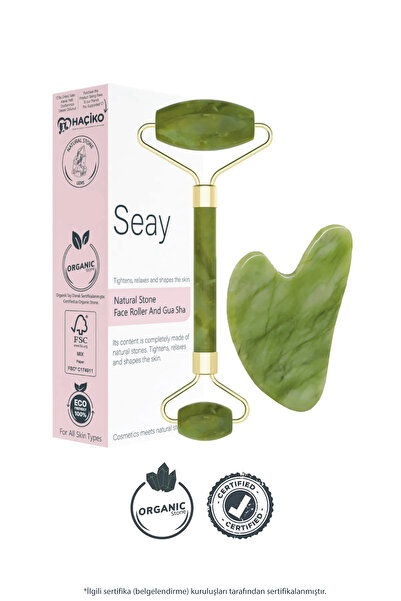 Seay Yeşim Face Roller Ve Kalp Gua Sha Yüz Masaj Aleti Seti Premium Değerli Doğal Taş Sertifikalı