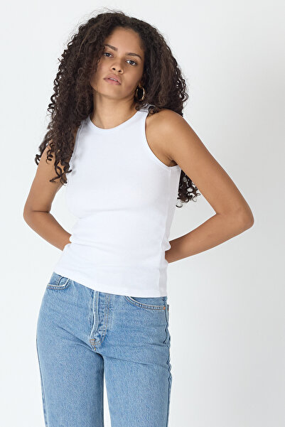 mmetalic Ribbed Regular Fit Normal Fit White Crew Neck Zero Sleeve Cotton Women's Tank Top