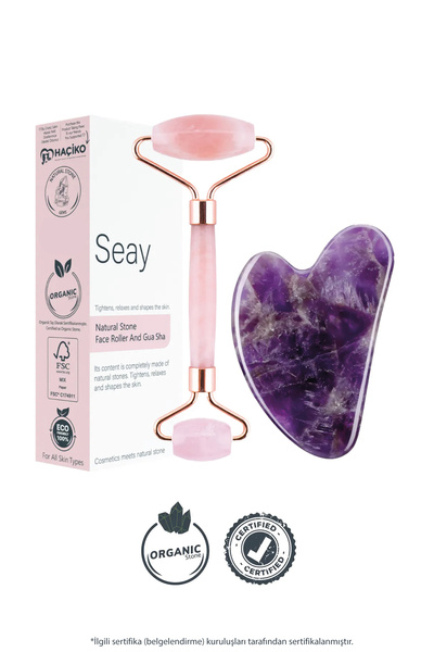 Seay Pembe Kuvars Face Roller Ve Ametist Kalp Gua Sha Yüz Masaj Aleti Seti De...