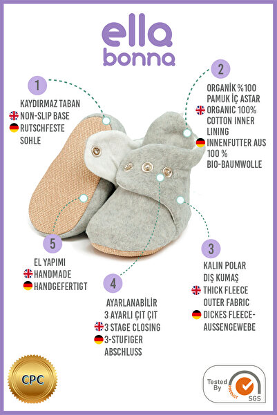 Ella Bonna Organik Pamuk Bebek Patiği, Kaydırmaz Taban, Pamuklu Yenidoğan Panduf Basic Gri