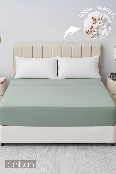 Anılsan Plain Mint Green Fitted Sheet 100% Cotton Single/Double Size Home, Hotel Bed Sheet, 63 Thread Count