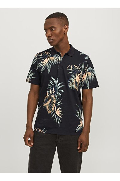 Jack & Jones Polo Yaka Siyah Erkek T-Shirt JPRBLAPALMA AOP SS POLO