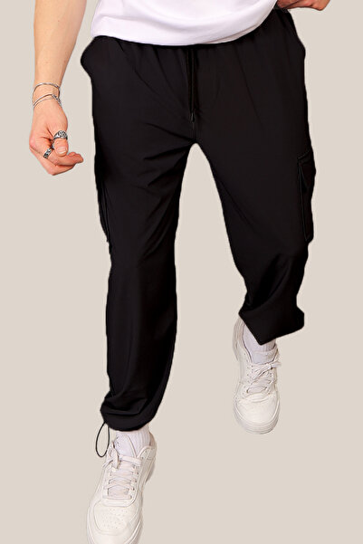 EydaMoon Ανδρικό μαύρο φαρδύ αθλητικό παντελόνι Cargo με τσέπες και κλιπ στο πόδι