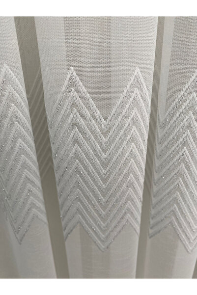 İNCİLİFE Ekru Renkli Zikzak Şeritli Gümüş Simli 1/2,5 Orta Normal Pileli Tül Perde