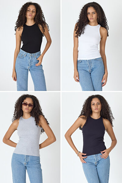 mmetalic Ribbed Regular Fit Normal Fit Black-White-Grey-Navy Blue Crew Neck Zero Sleeve Cotton 4-Piece Women's