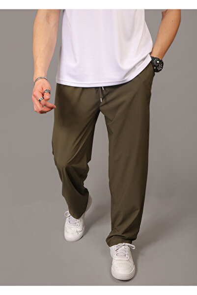 INFLUYENTE Ανδρικό χακί φαρδύ ύφασμα αλεξίπτωτο με φαρδύ πόδι ελαστικό παντελόνι μέσης