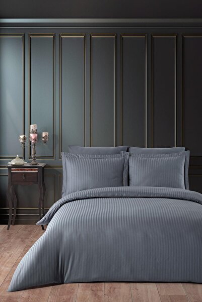 VAROL Lastikli Saten Çizgili Çift Kişilik Nevresim Takım v2