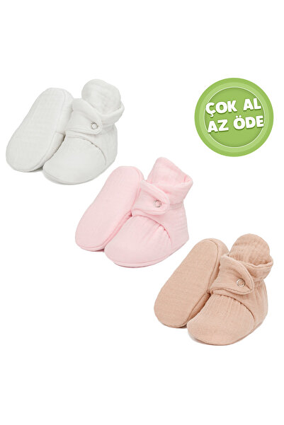 Ella Bonna Organic Cotton Muslin Baby Booties, Newborn Slippers, Cream, Pink, Beige 3 Pack