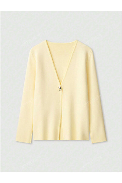 NATUFIAN STORE Kadın Sarı Tek Düğmeli Modern Triko Hırka