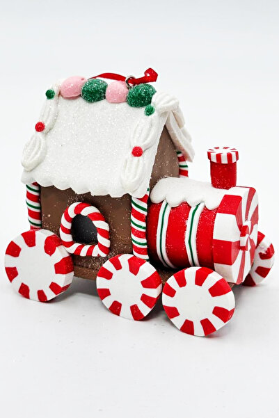 BeySüS Yılbaşı Çam Ağacı Süsü Masa Dekoru Işıklı Kurabiye Tren Kırmızı Beyaz