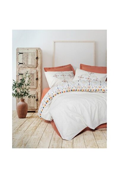 Cotton Box Ranforce Tile Bohemian Patterned Double Duvet Cover Set - Vibrant Colors and Decorative Tassels