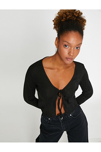 Koton Crop Cardigan Front Tied Glittery Long Sleeve