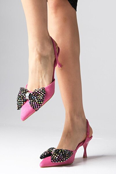 Mio Gusto Melody Fuchsia Color Suede Bow Accessory Open Back Women's Heeled Party Shoes
