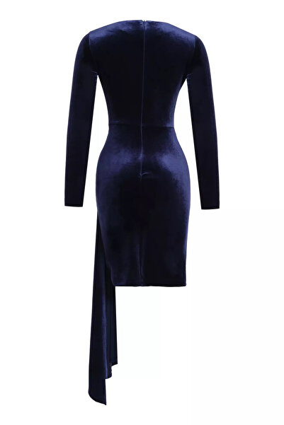 Keikei Lacivert kadife uzun kol kısa elbise