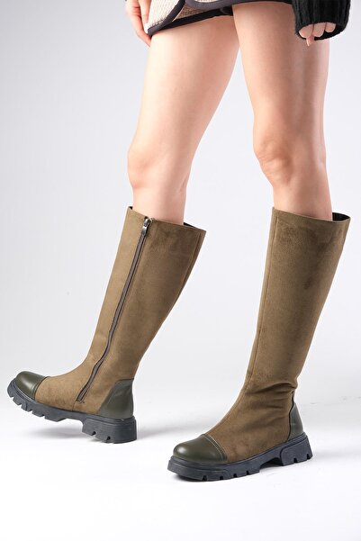 Mio Gusto Γυναικείες μπότες με χοντρή σόλα με φερμουάρ σε πράσινο χρώμα